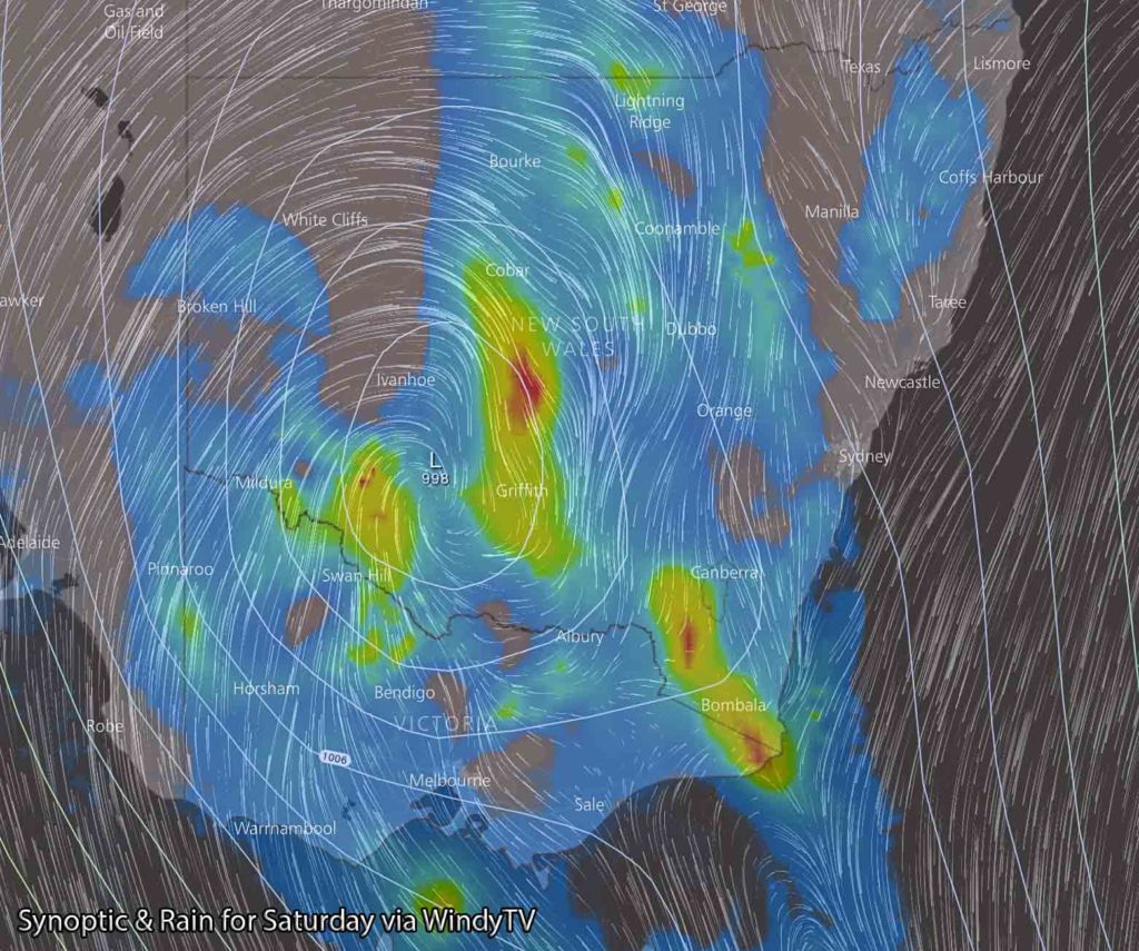 Low pressure region and rainfall areas during Saturday afternoon via GFS / WindyTV