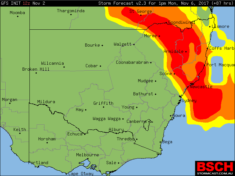 Computer generated thunderstorm forecast potential for NSW on Monday via BSCH