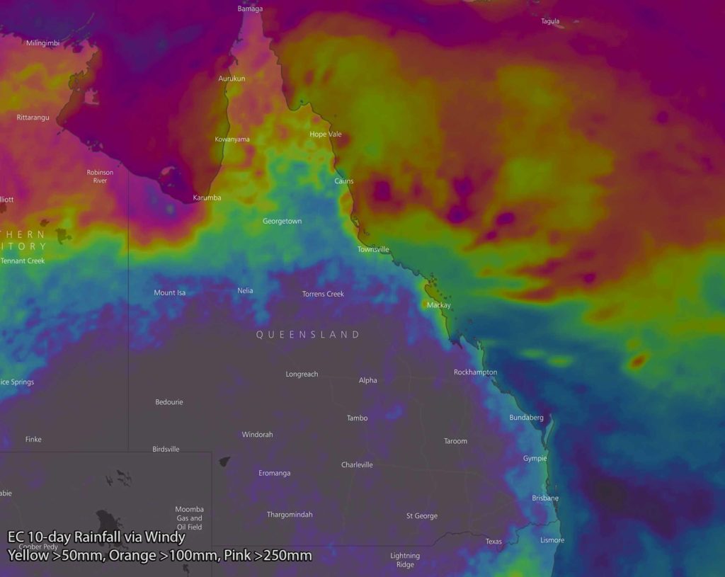 EC model 10-day rainfall via Windy showing 50mm+ (yellow) for CQLD, 100mm+ (orange) for NQLD, 250mm+ (pink) and 500mm+ (grey)