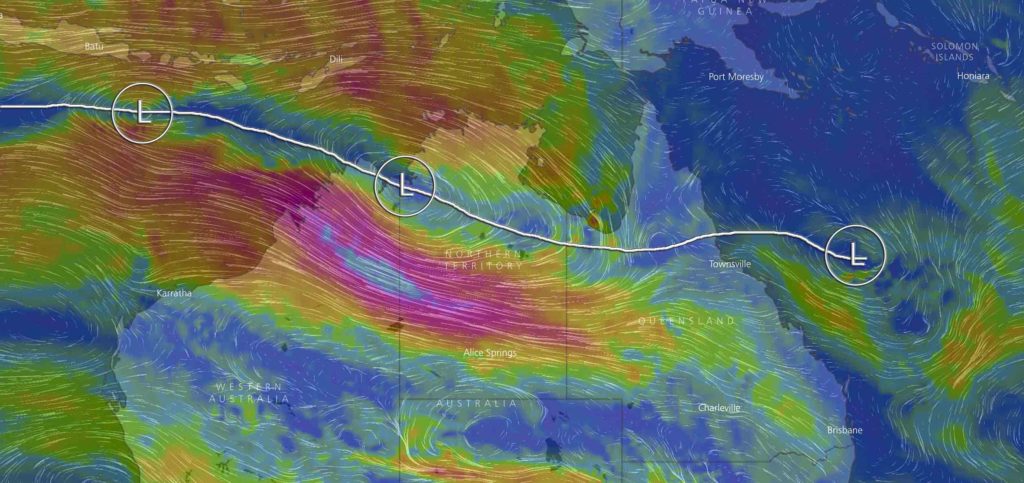 Forecast mid level winds via EC showing 3 tropical low's situated along the Monsoon Trough on Wednesday (January 24th) via Windy
