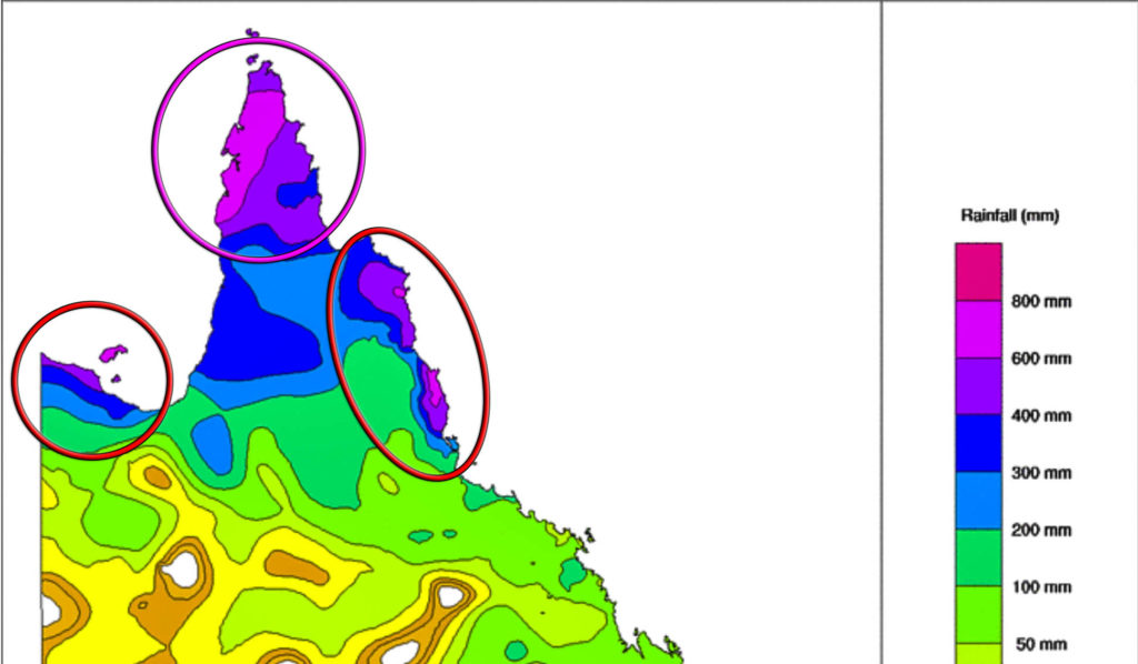 Monthly rainfall over Tropical NQLD. Red circle indicates the first monsoon burst, the purple circle indicates the 2nd monsoon burst. Image via BOM