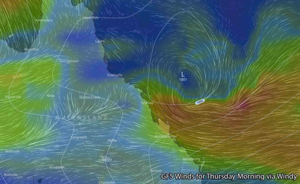 GFS model showing a Tropical Low off the NQLD Coast during Thursday via Windy