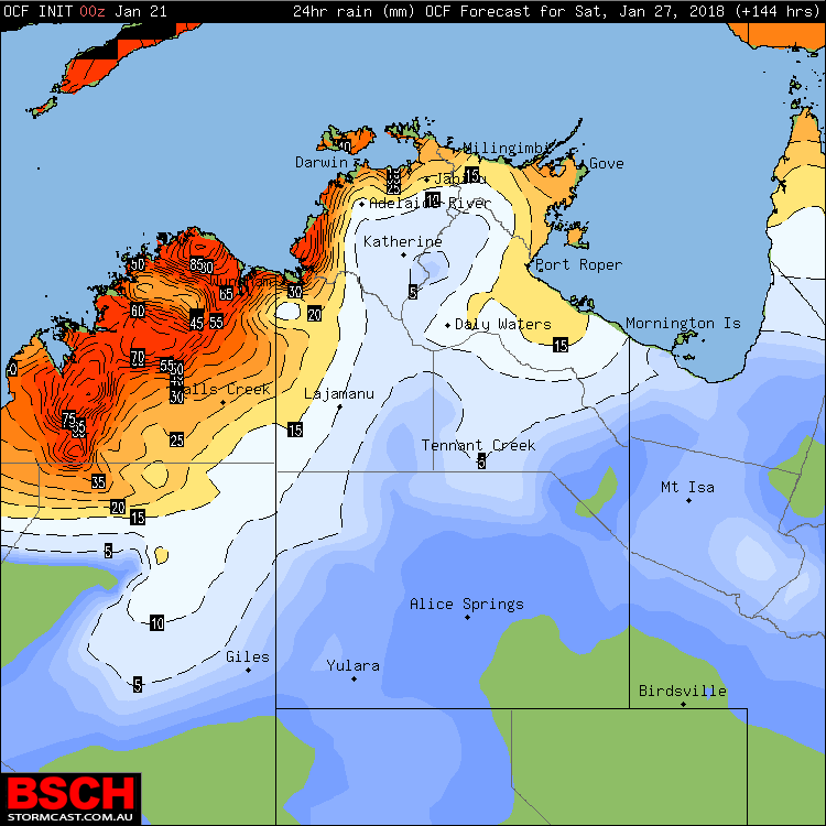 Forecast Rainfall via OCF (totals can be doubled due to conservative outputs) for Saturday as the second Tropical Low impacts WA - image via BSCH