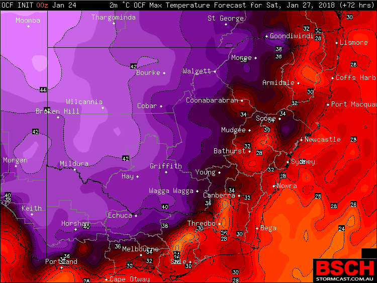 NSW & VIC Forecast Maximums for Saturday via BSCH / OCF