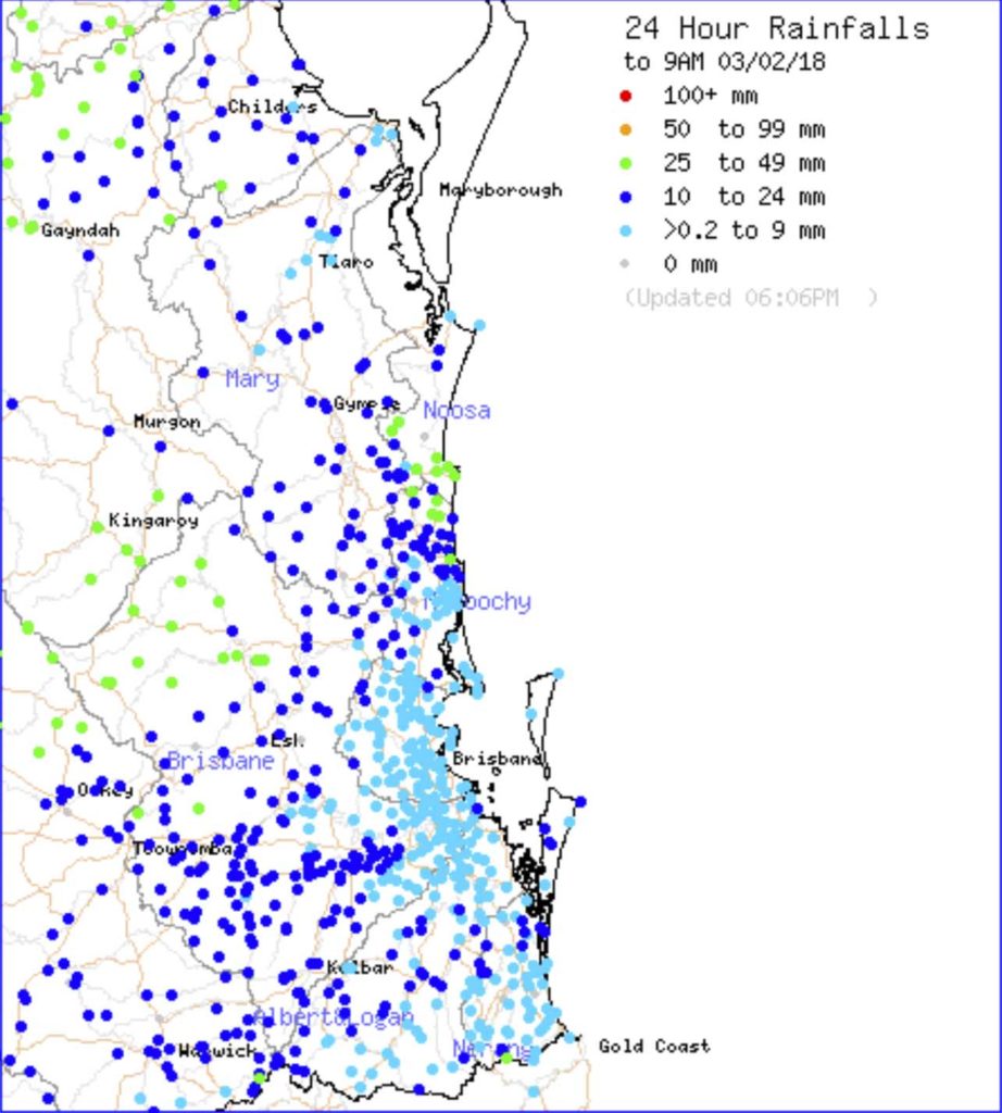 24hr rainfall totals to 9am Saturday via BOM