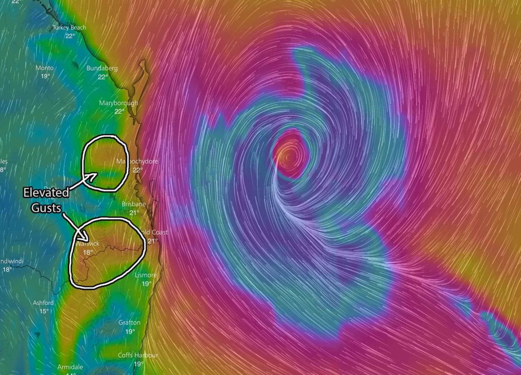 Elevated gusts highlighted on Thursday morning over elevated parts of the Great Dividing Range, Border Ranges, Gold Coast Hinterland & Sunshine Coast Hinterland. Image via Windy