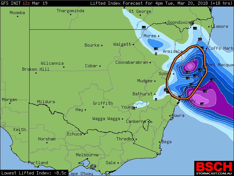 Instability via GFS for Tuesday showing storm potential