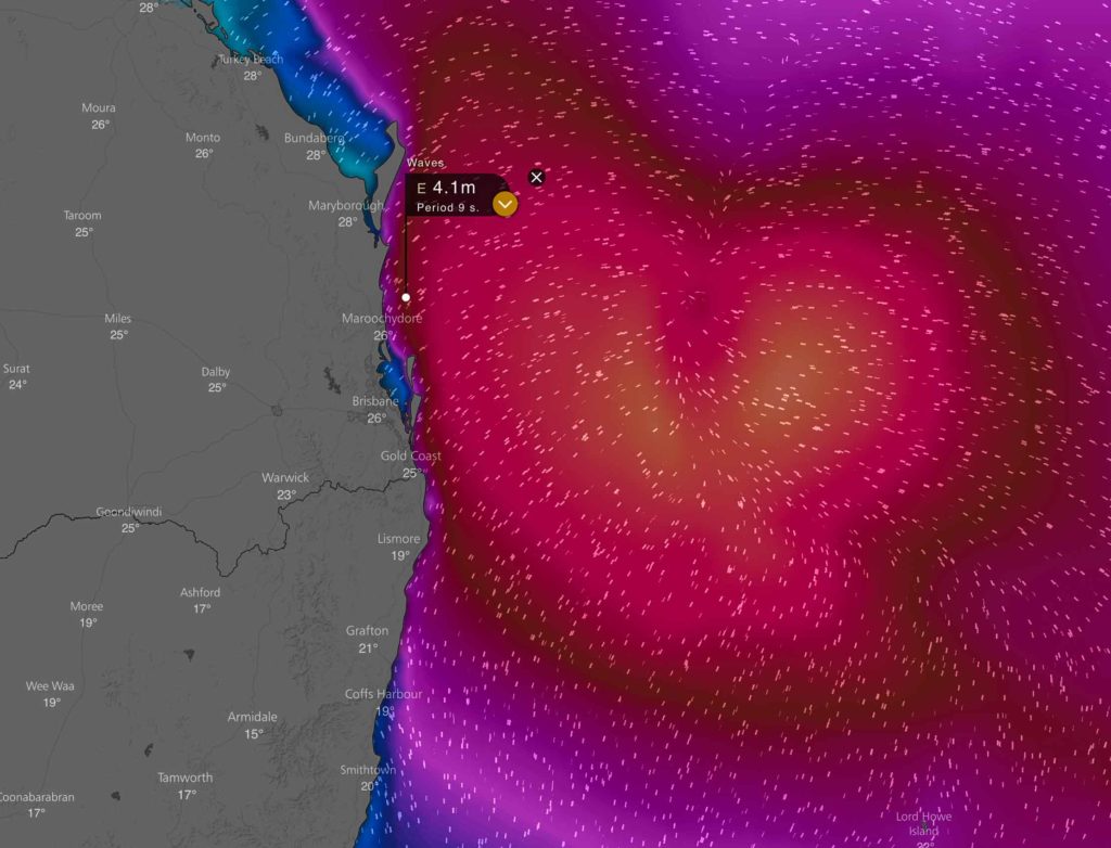 Large waves likely over offshore areas from the Fraser Coast to Gold Coast. Image via Windy