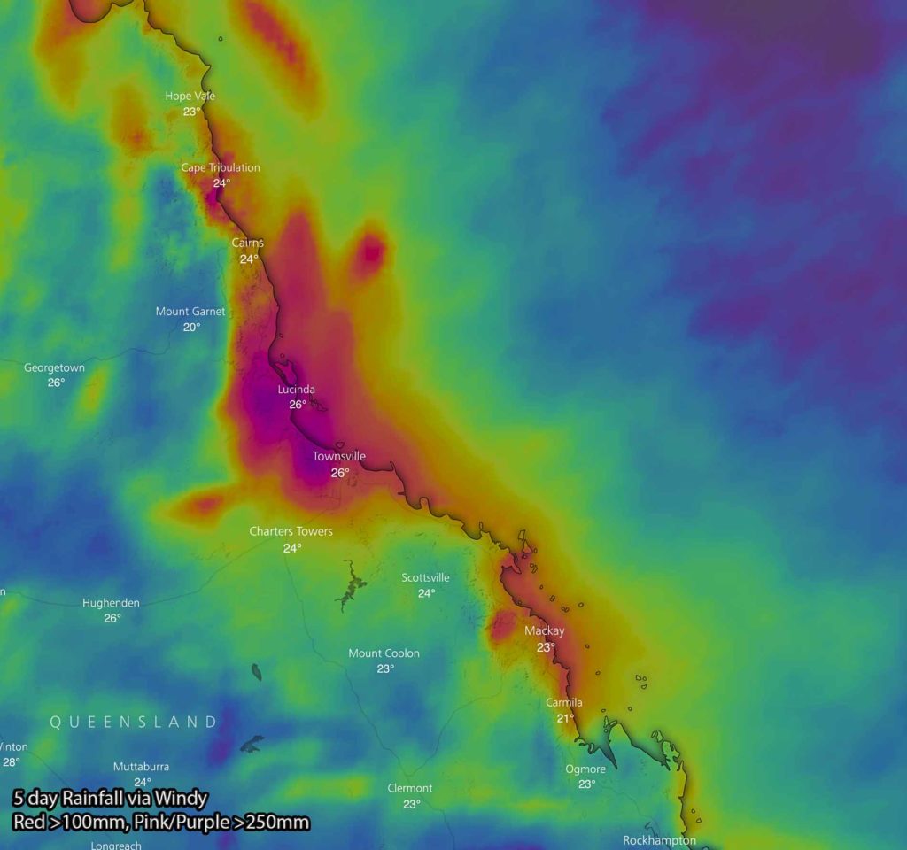 5 day rainfall totals via Windy. Yellow shows 50mm+, red 100mm+, pink/purple 250mm+
