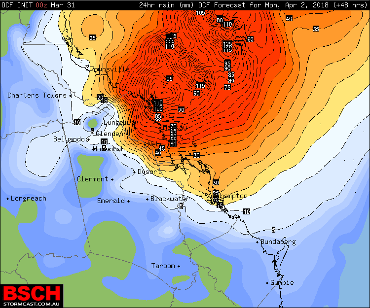 OCF Forecast Rainfall for Monday via BSCH (these totals are conservative and can be doubled)