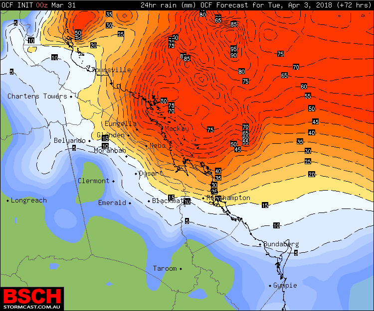 OCF Forecast Rainfall for Tuesday via BSCH (these totals are conservative and can be doubled)