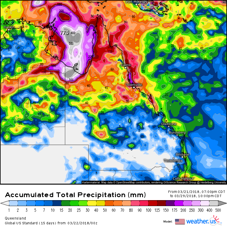 GFS Model showing 7 day rainfall totals across QLD (until next Thursday night). Image via weather.us