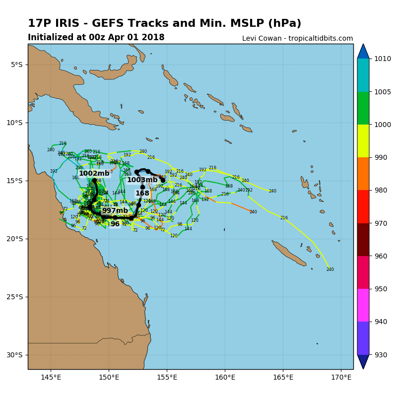 GEFS ensemble forecast tracking as of April 1st via Tropicaltidbits (Black line is most favourable).