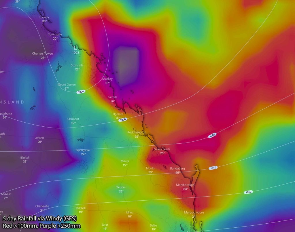 Click to zoom in on map! GFS Forecast 5 day rainfall via Windy. Heavy falls offshore with 100-200mm possible over Coastal parts of Central QLD.