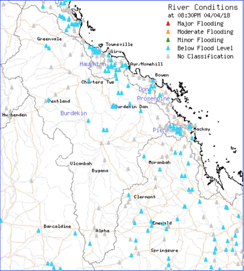 River conditions via BOM showing no flood threats across the Central QLD area