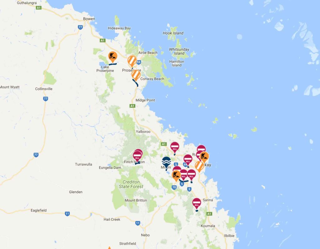 Current road conditions via QLD Traffic showing some minor flood issues around Mackay, but otherwise good road conditions.