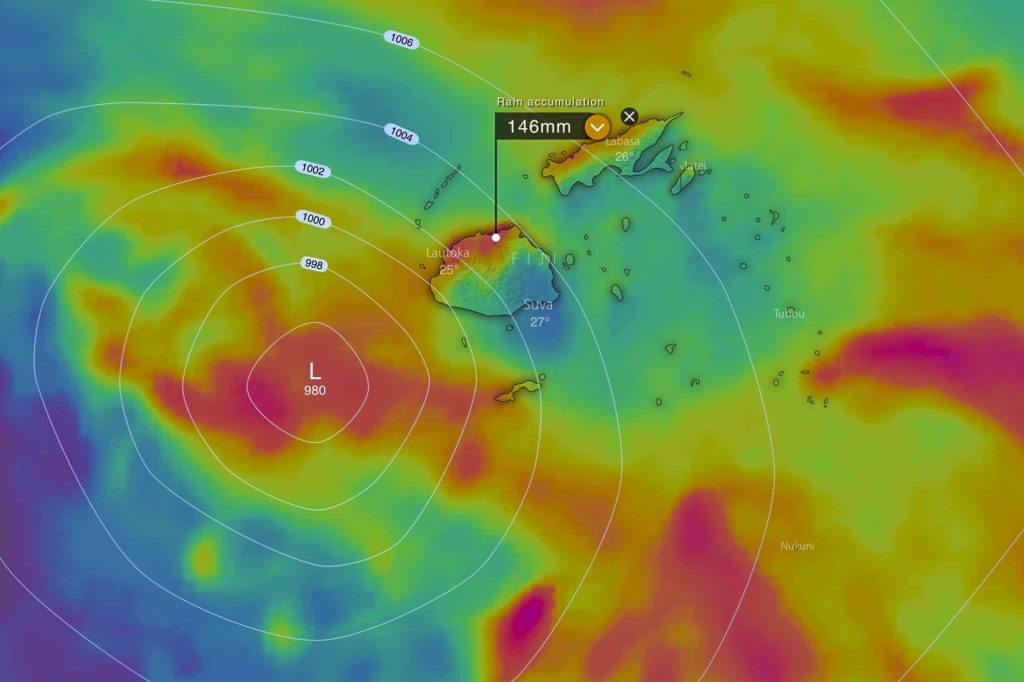 Rainfall totals via Windy showing 50mm+ in yellow, 100mm+ in red however localised higher falls are expected.