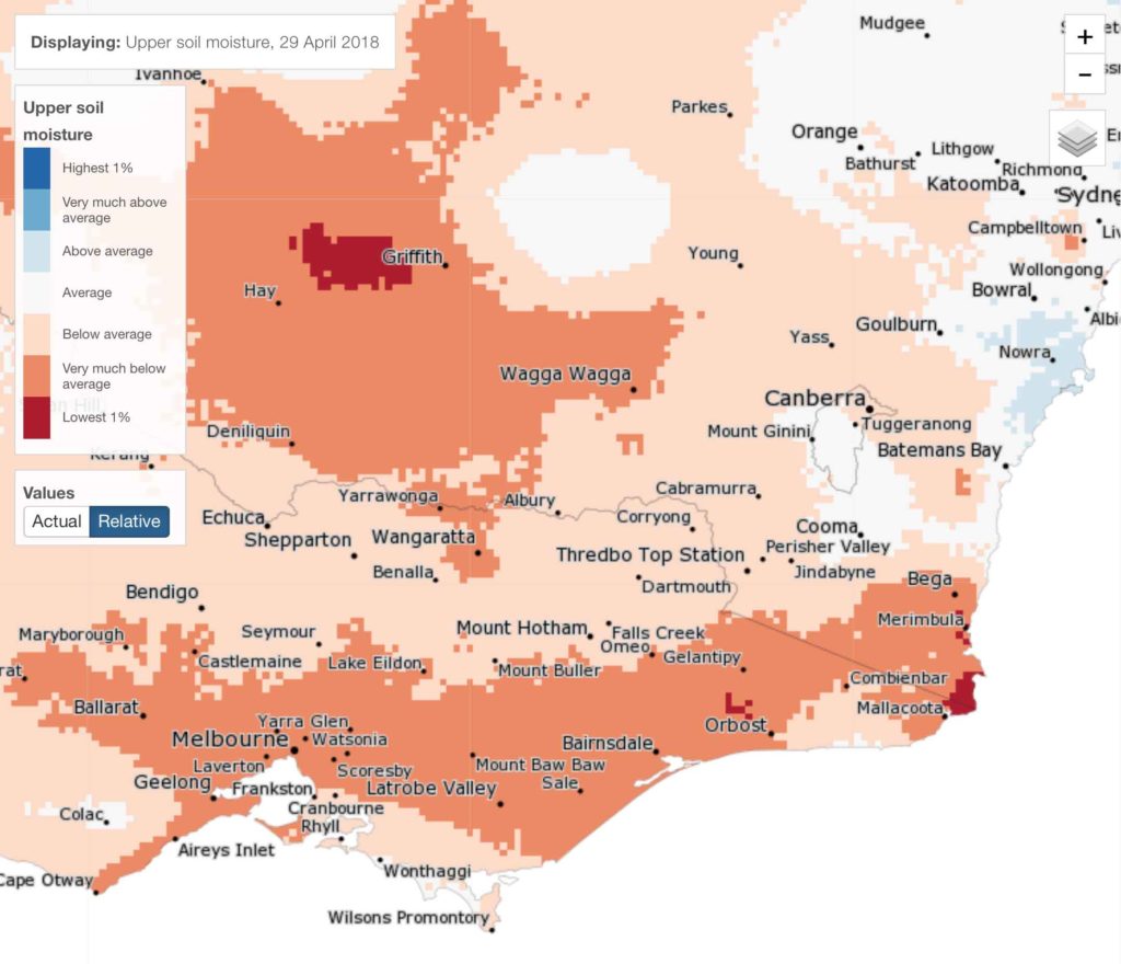 Relative soil moisture content via BOM showing below to well below average (ie... drier than normal)