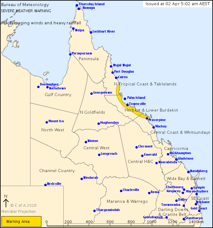 Severe Weather Warning issued by BOM at 5am Monday, April 2nd.