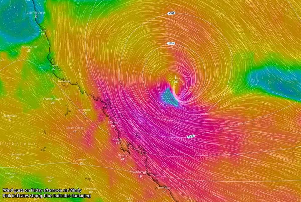 Click to zoom in on map! ECMWF showing Iris remaining a weak system off the Central QLD Coast, not coming ashore. Strong South to South East winds would occur along the Coast and produce some scattered showers. Image via Windy