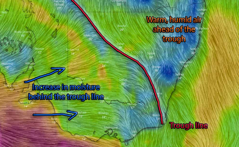 Winds via WindyTV for midnight Friday into Saturday showing the trough line and increased moisture coming in over VIC and Inland NSW