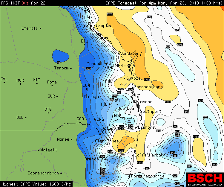 Energy (CAPE) levels via BSCH. The higher the number, the more energy in the atmosphere. This is just a base indicator and localised higher or lower totals are possible.