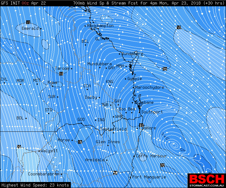 Steering winds via BSCH showing the direction that storms are expected to move