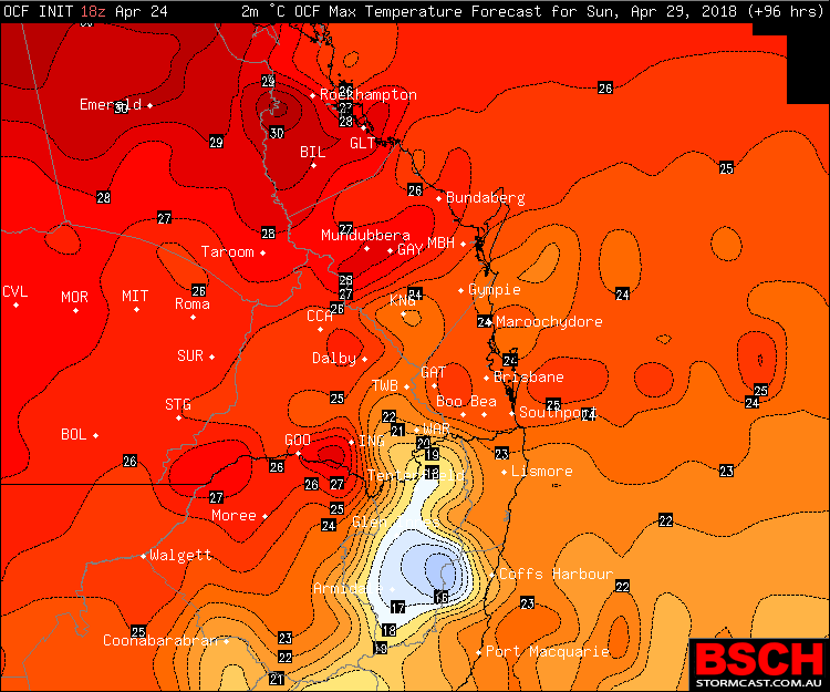 Forecast Maximums for SEQLD & NENSW on Sunday, April 29th via BSCH
