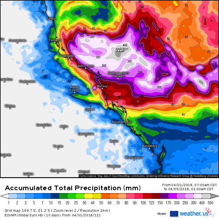 Rainfall accumulation totals until Midnight Thursday via EC Model (weather.us).