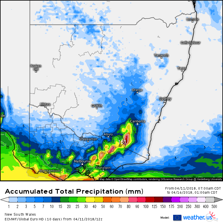Forecast rainfall via EC model until Monday 1am via weather.us