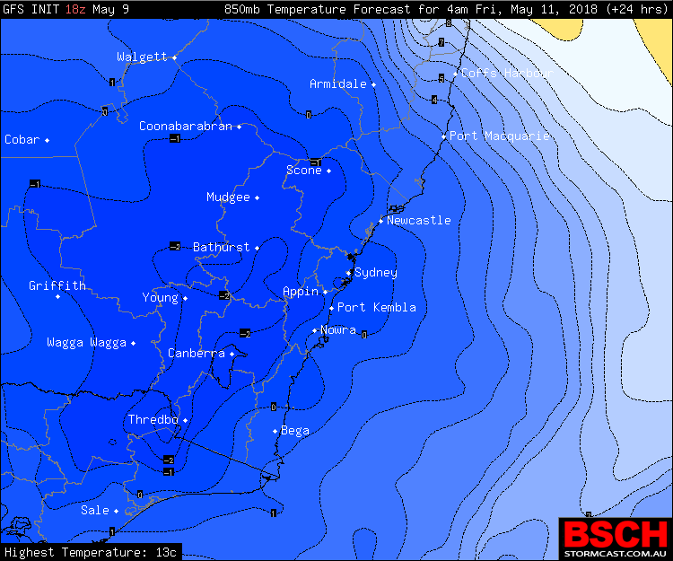 850mb temperatures (just above the surface) at their coldest during Friday morning via BSCH