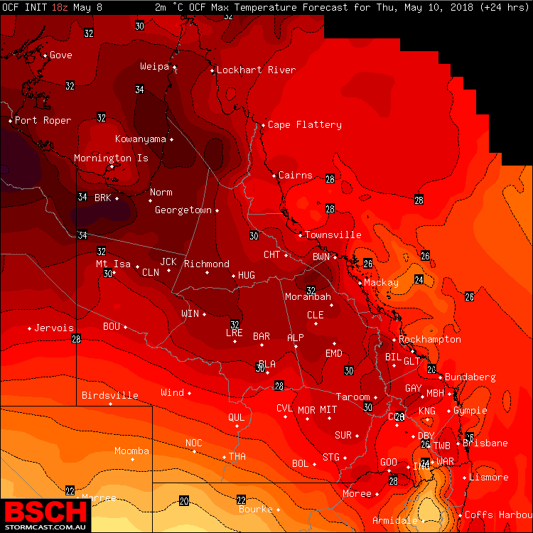 Forecast maximums across QLD for Thursday (well above average for most). Image via BSCH / OCF