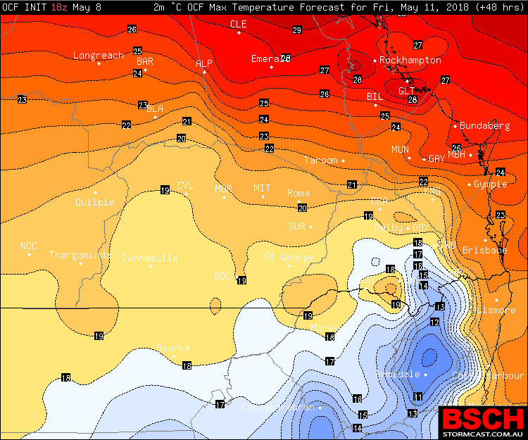 Forecast maximums for Friday across Southern QLD showing below average and much cooler temperatures. Image via BSCH / OCF
