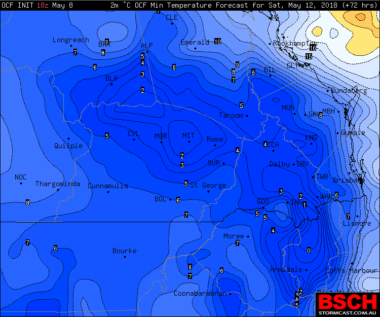Forecast minimums via BSCH / OCF for Saturday morning across Southern QLD
