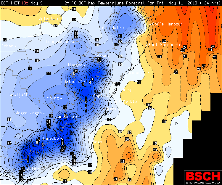 Friday maximum temperatures via BSCH / OCF - Take off about 5ºc+ for wind chill