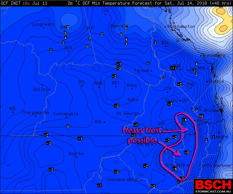 OCF Forecast Minimums via BSCH for Saturday morning