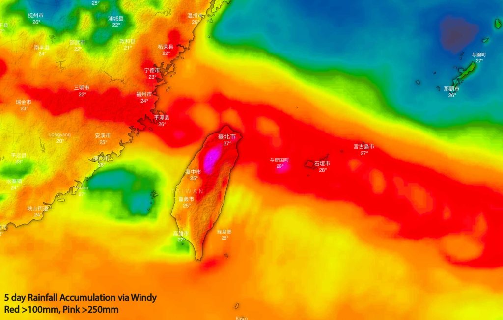 Forecast rainfall accumulation totals for Maria over the next 5 days via Windy - red is over 100mm, pink is over 250mm