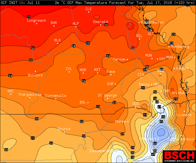 OCF Forecast Maximums via BSCH for Tuesday